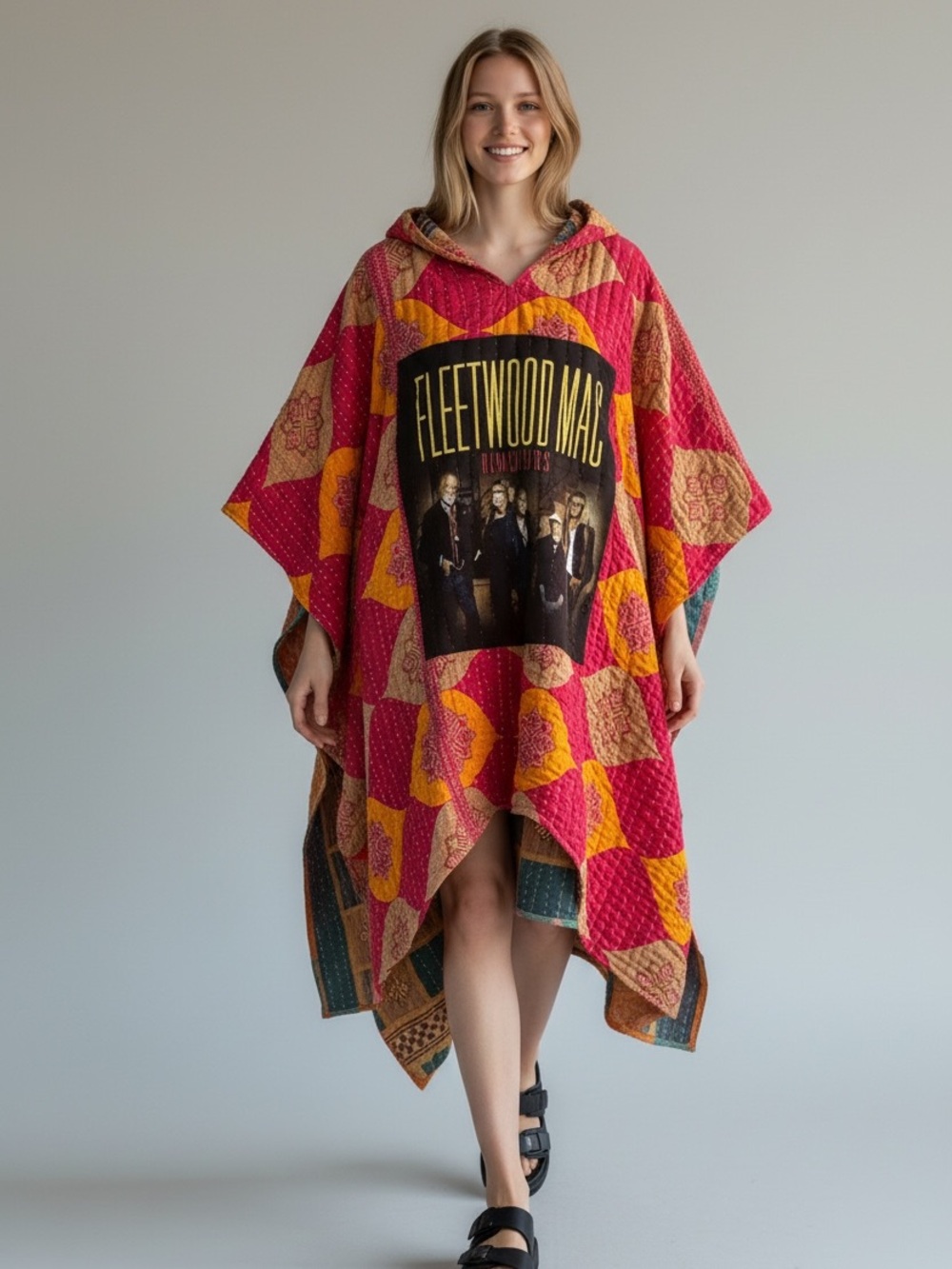 Fleetwood Mac Reversible Hooded Kantha Poncho Kaftan Upcycled OOAK